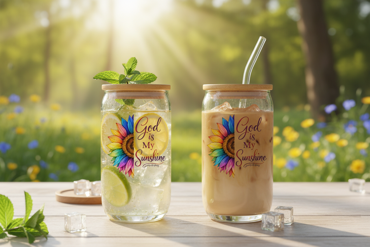 16oz Drinking glass with Bamboo Lid - God Is My Sunshine