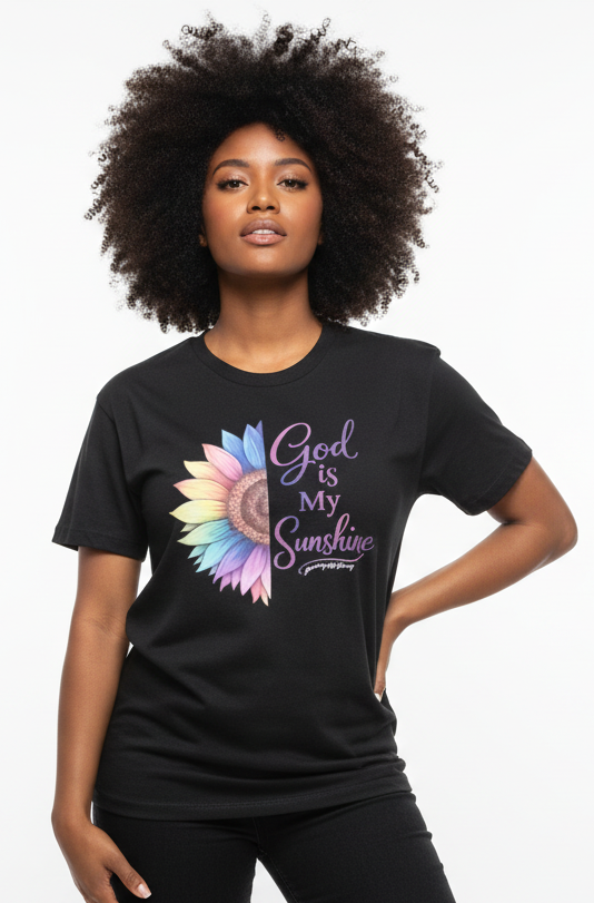 Black female model with afro wearing God Is My Sunshine shirt