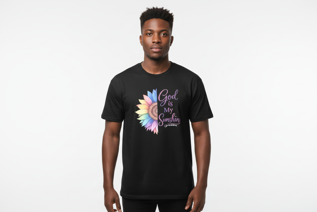 African American male model wearing God Is My Sunshine shirt