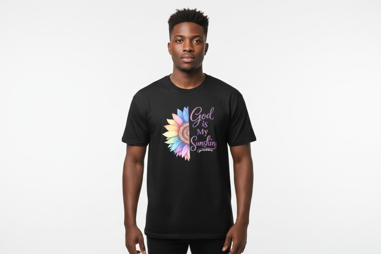 African American male model wearing God Is My Sunshine shirt