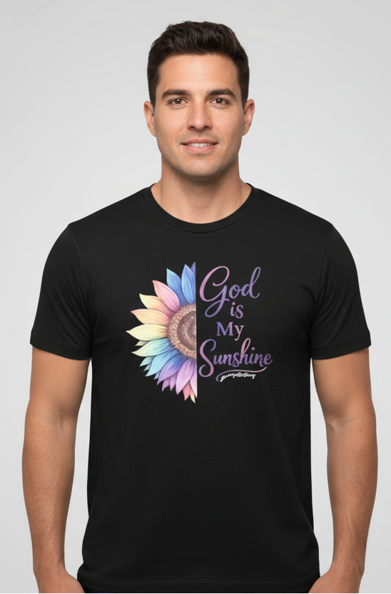Hispanic male model wearing God Is My Sunshine shirt