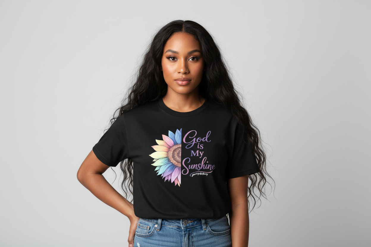 Mixed-race female model with long hair wearing God Is My Sunshine shirt