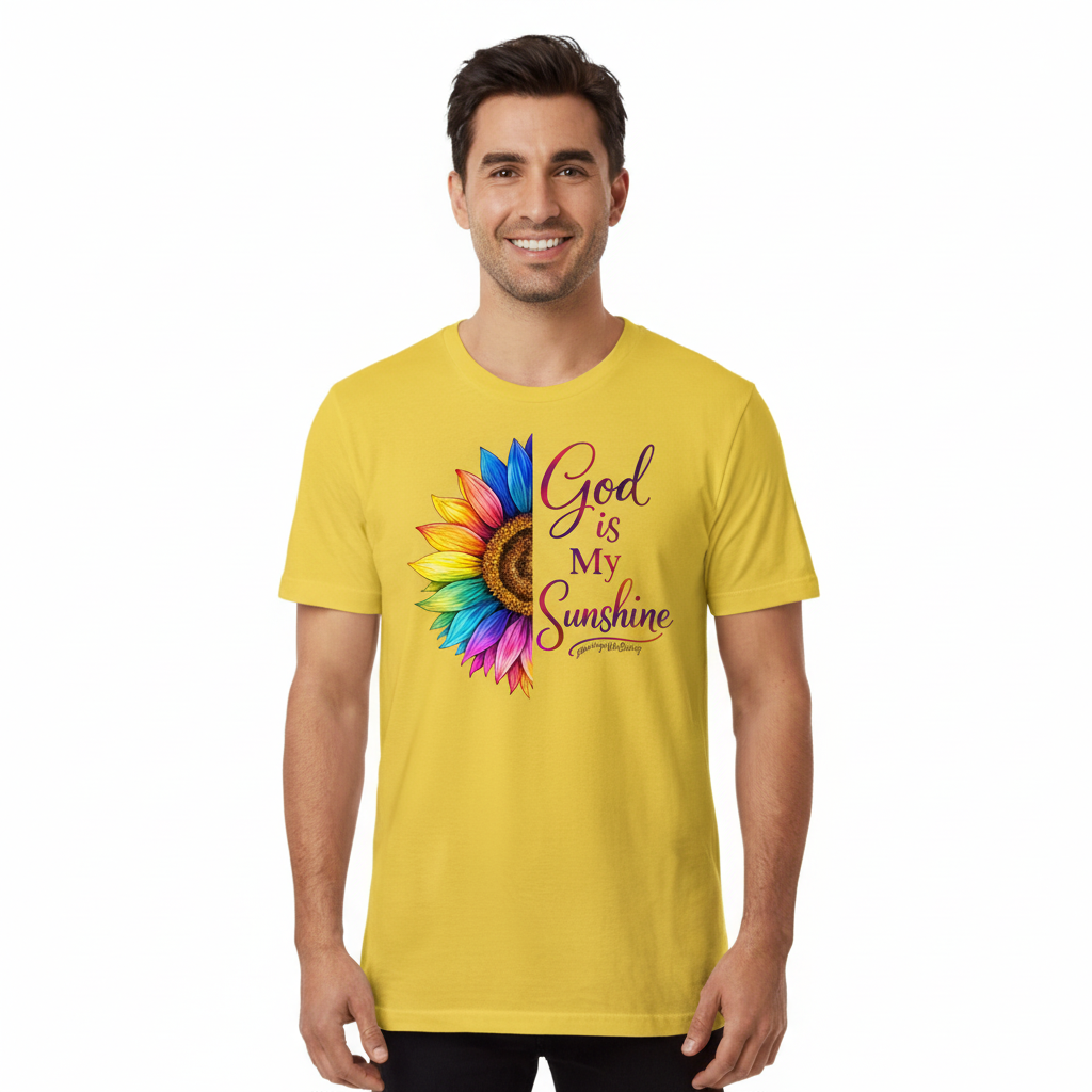 Man in yellow God Is My Sunshine shirt