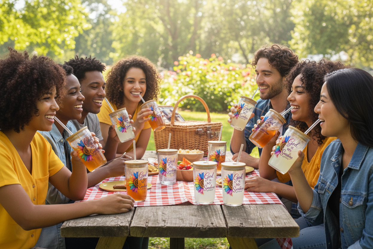 People at picnic with God Is My Sunshine cups