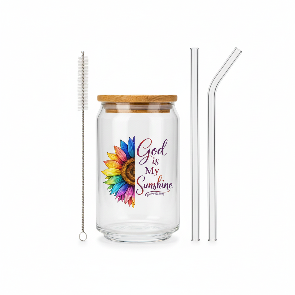 Sentvend 16oz glass with God Is My Sunshine logo and accessories